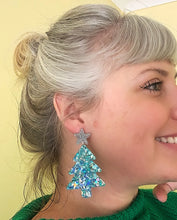 Load image into Gallery viewer, Christmas Tree Earrings in Sparkly Blue