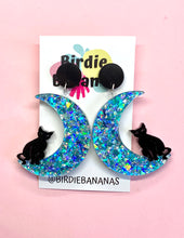 Load image into Gallery viewer, glittery cat and moon earrings