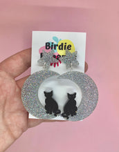 Load image into Gallery viewer, Silver Moon and Cat Celestial Earrings