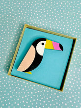 Load image into Gallery viewer, pink winged tropical toucan brooch
