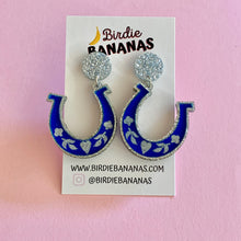 Load image into Gallery viewer, Blue and Silver Horseshoe Earrings