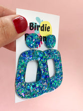 Load image into Gallery viewer, Blue Confetti Sparkle Retro Hoop Earrings