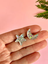Load image into Gallery viewer, Mismatched Silver Moon and Star Studs