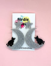 Load image into Gallery viewer, Silver Moon and Cat Celestial Earrings