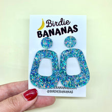 Load image into Gallery viewer, Blue Confetti Sparkle Retro Hoop Earrings