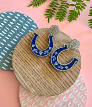 Load image into Gallery viewer, Blue and Silver Horseshoe Earrings