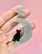 Load image into Gallery viewer, Silver Moon and Cat Celestial Earrings
