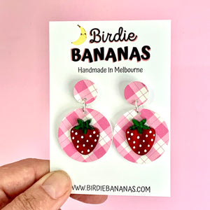 Pink Gingham Strawberry Earrings