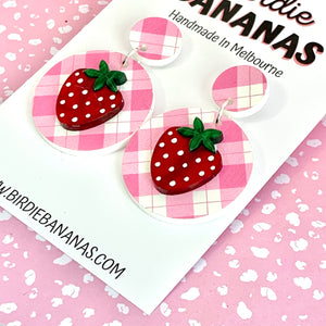 Pink Gingham Strawberry Earrings