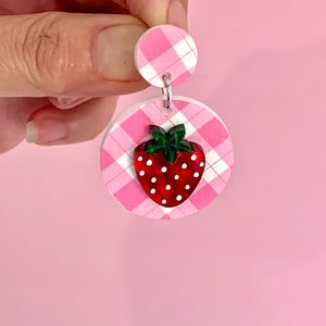 Pink Gingham Strawberry Earrings