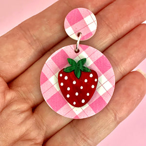 Pink Gingham Strawberry Earrings