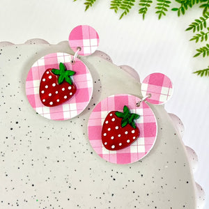 Pink Gingham Strawberry Earrings