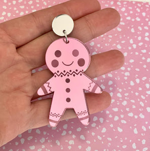 Pink Mirror Gingerbread Man Earrings