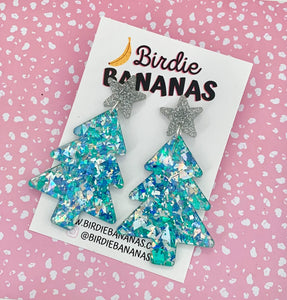 Christmas Tree Earrings in Sparkly Blue