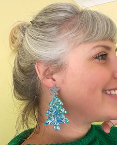 Christmas Tree Earrings in Sparkly Blue