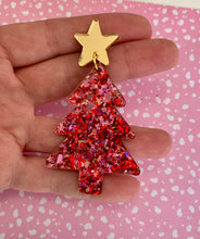 Load image into Gallery viewer, Christmas Tree Earrings in Sparkly Pink and Red
