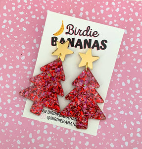 Christmas Tree Earrings in Sparkly Pink and Red