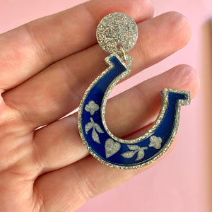 Blue and Silver Horseshoe Earrings