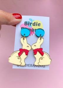 gold easter bunny earrings with red bows