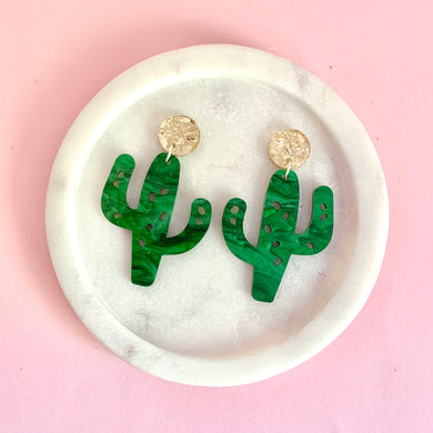 green acrylic cactus earrings