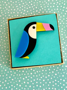 tropical blue winged toucan brooch