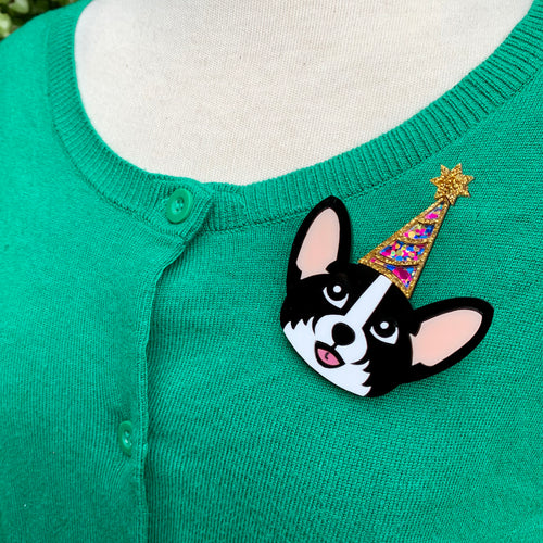 black corgi party puppy acrylic brooch