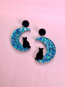 Celestial Glitter Moon and Black Cat Earrings