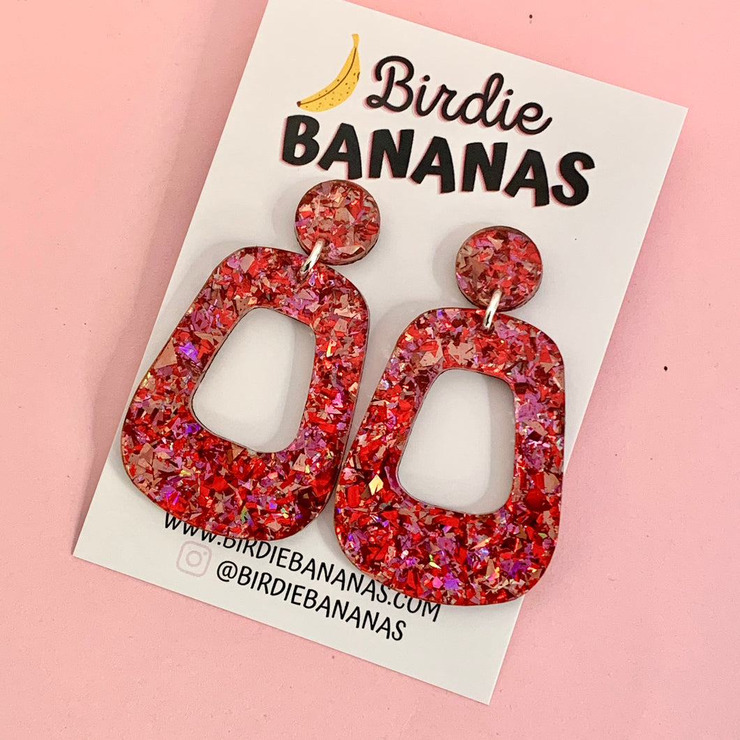 Pink and Red Glitter Retro Hoop Earrings
