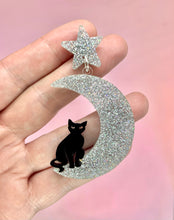 Load image into Gallery viewer, Silver Moon and Cat Celestial Earrings
