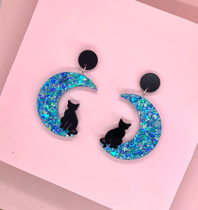 gothic celestial cat and moon earrings