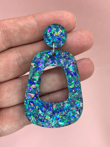 Blue Confetti Sparkle Retro Hoop Earrings